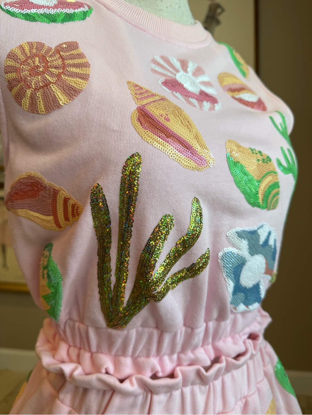 QUEEN OF SPARKLES Light Pink Sequin Seashell Skirt Set - Picture 5 of 10